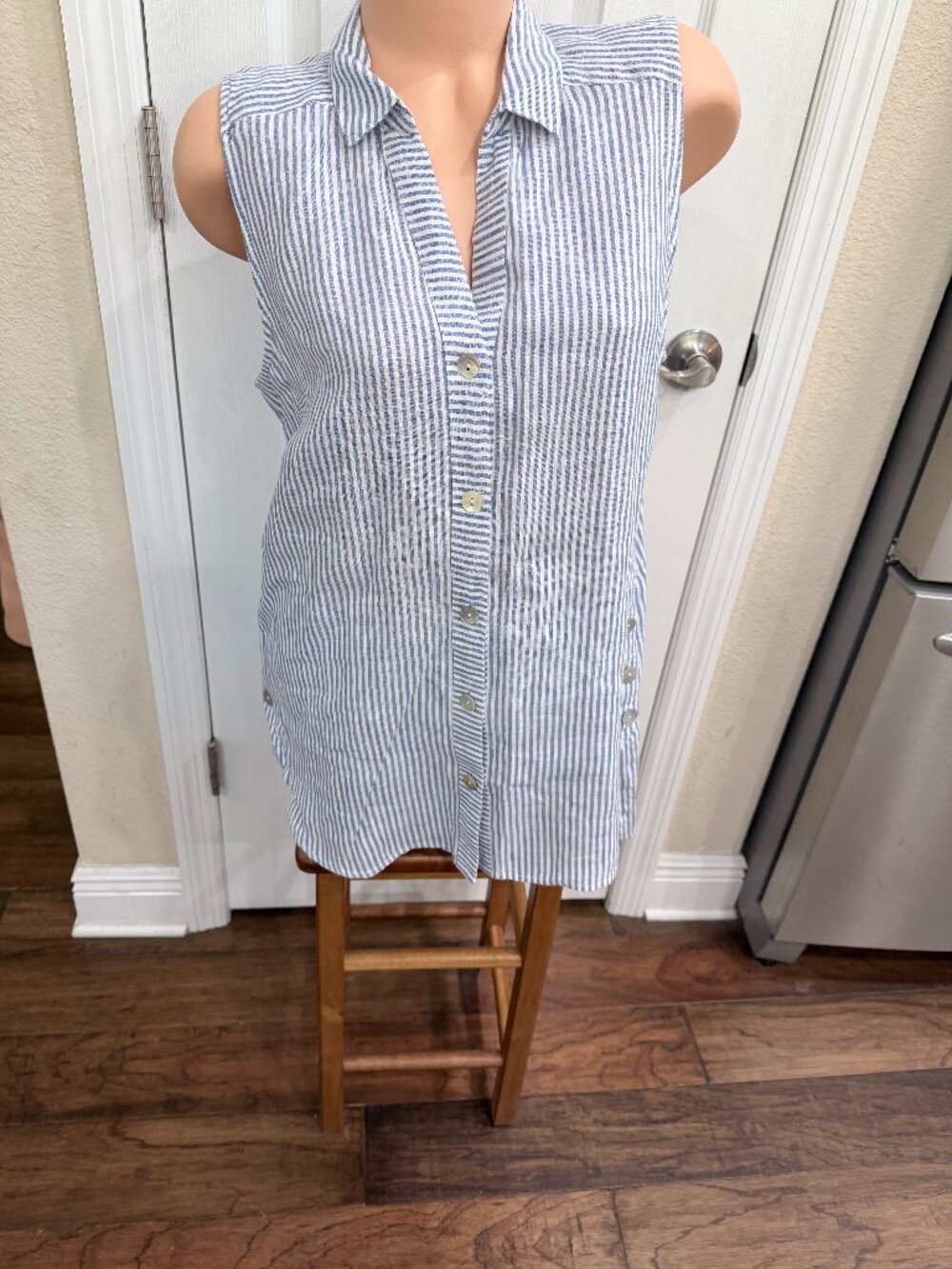 J.Jill Love Linen Blue White Pinstripe 100% Linen Tunic Top Medium